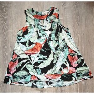 Lauren Conrad XS Blouse Womens Green Leaf Print Key Hole Neck Casual Sleeveless‎